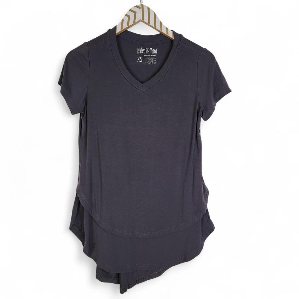 LATCHED MAMA Shirt Womens XS Gray V-Neck Nursing Maternity Layered Hem Stretch